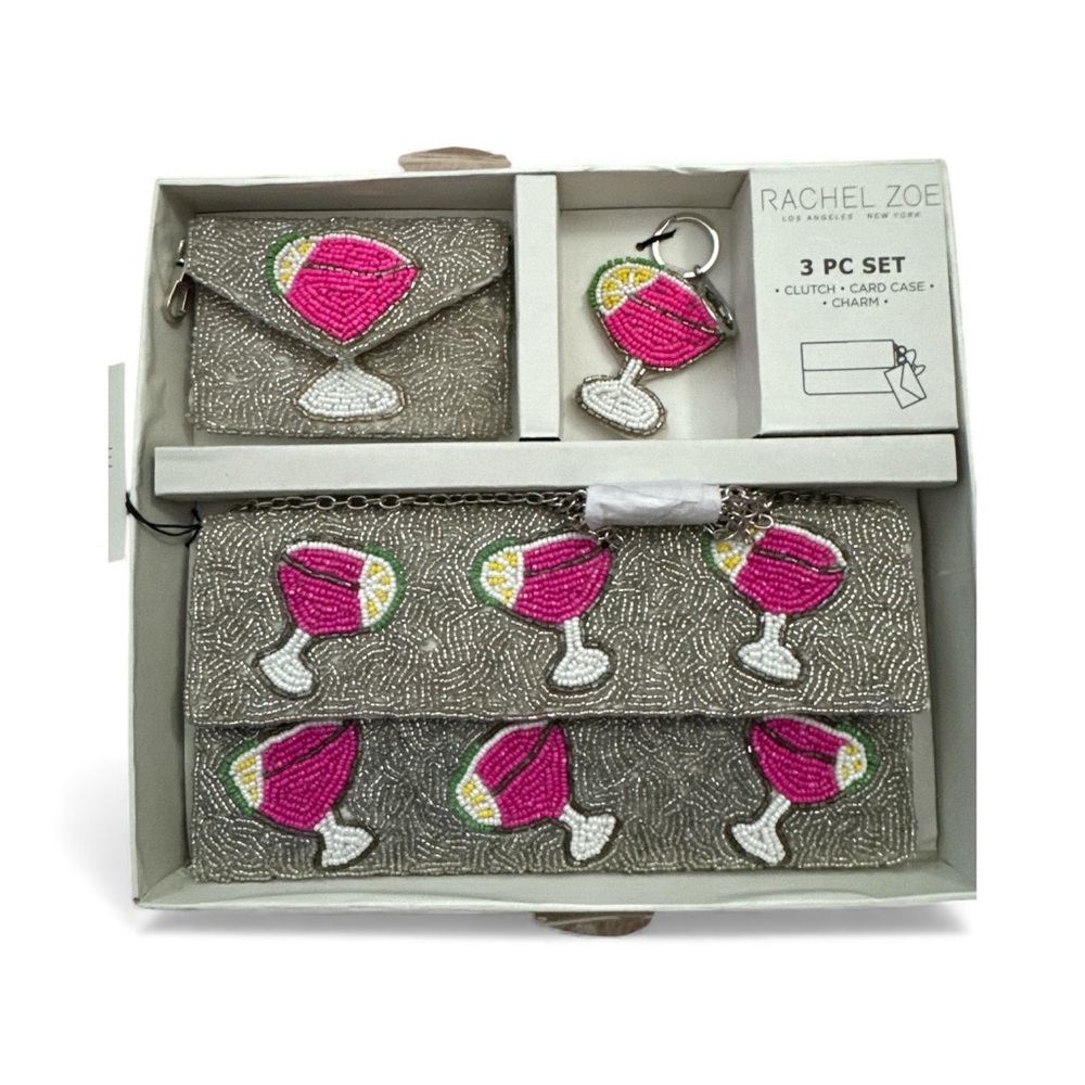 Rachel Zoe Silver Beaded Clutch Set with Pink Cocktail Design